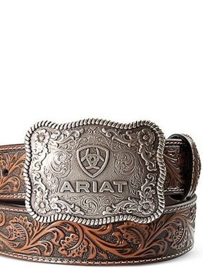 Ariat Men's Tooled Brown Leather Belt with Ornate Silver Buckle
